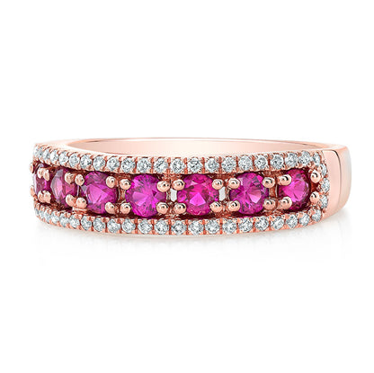 Ruby And Diamond Pave' Three Row Ring In 14k Rose Gold
