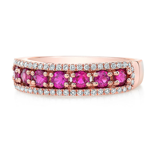 Ruby And Diamond Pave' Three Row Ring In 14k Rose Gold
