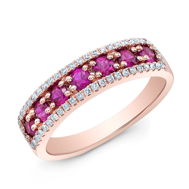 Ruby And Diamond Pave' Three Row Ring In 14k Rose Gold