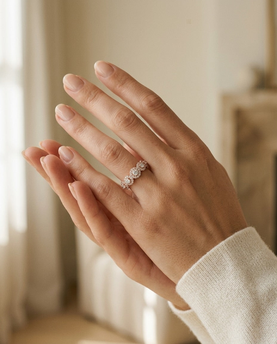 Diamond Halo 7-Stone Band in 14k Rose Gold — portrait close