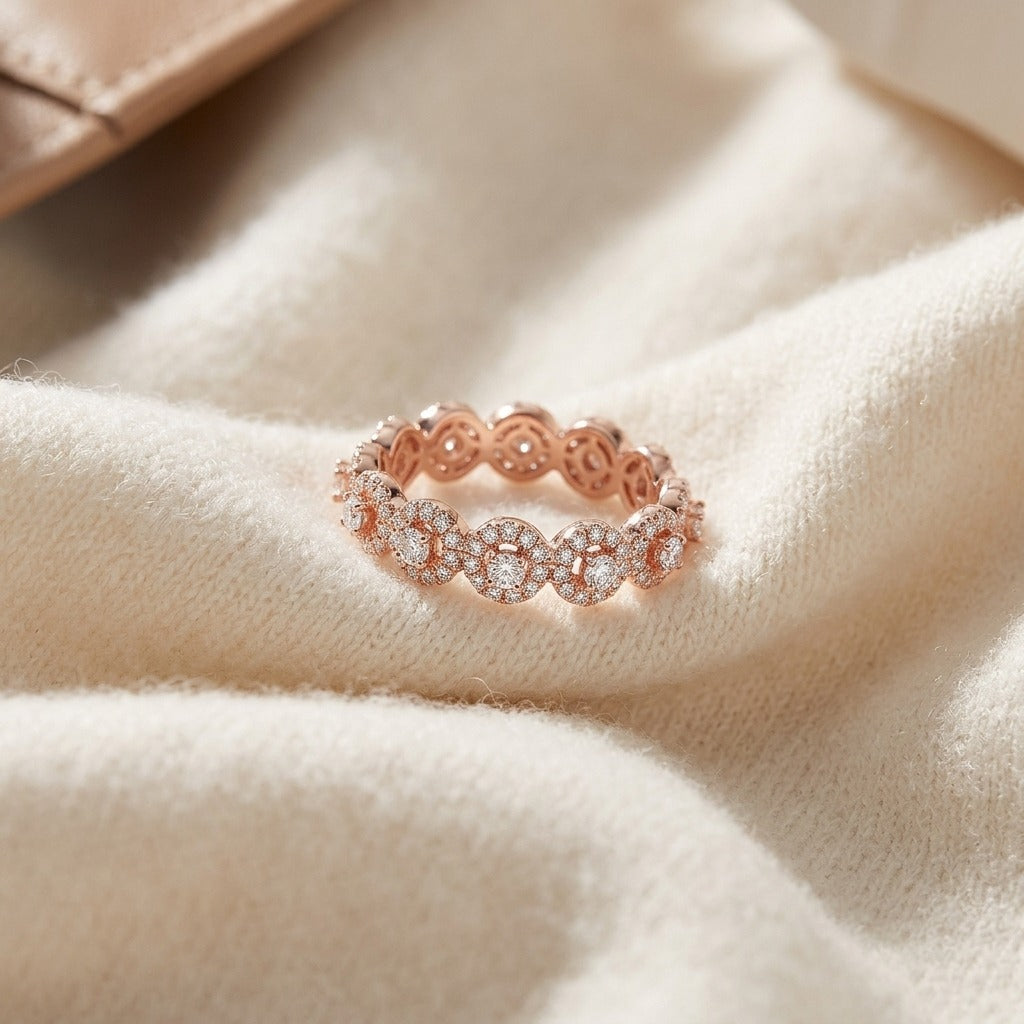 Diamond Halo 7-Stone Band in 14k Rose Gold — textile flat lay