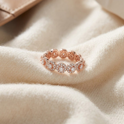 Diamond Halo 7-Stone Band in 14k Rose Gold — textile flat lay