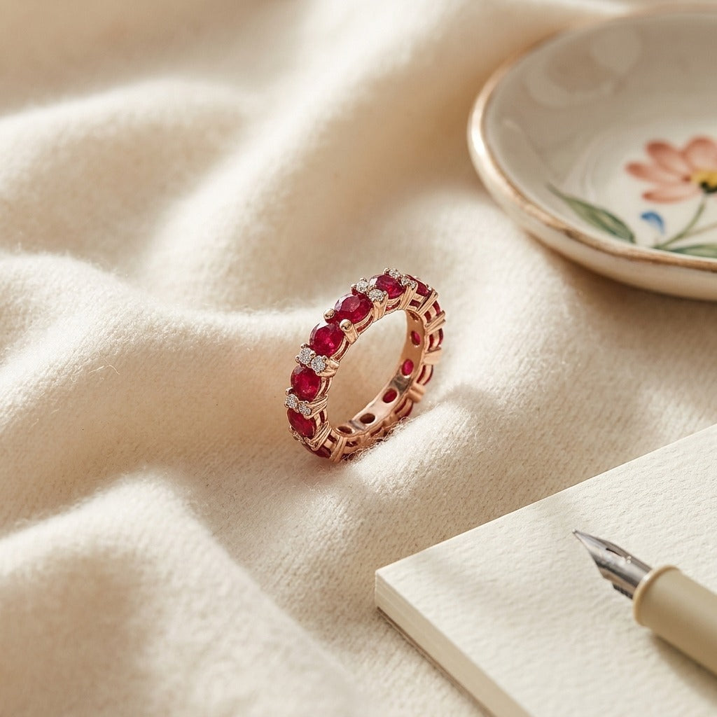 Ruby and Diamond Single Row Prong-Set Band in 14k Rose Gold — textile flat lay