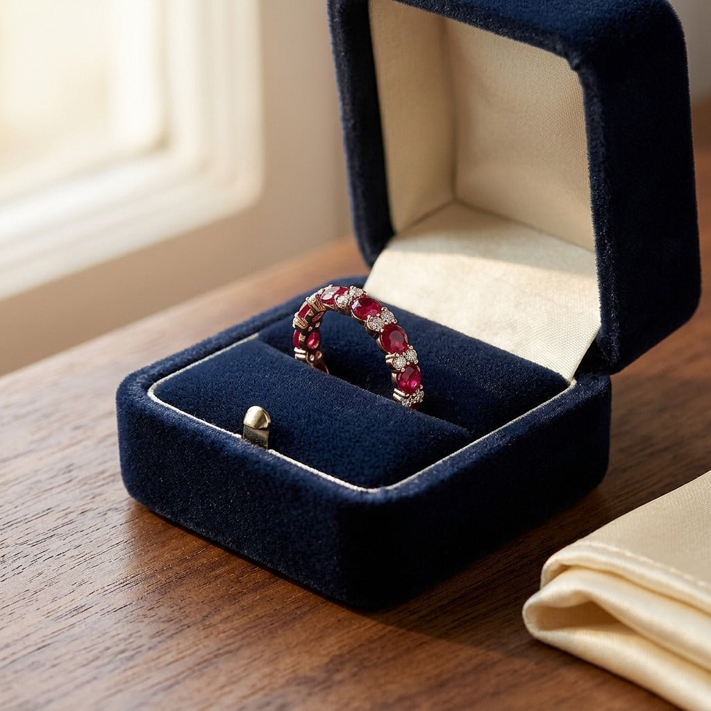 Ruby and Diamond Single Row Prong-Set Band in 14k Rose Gold — velvet box