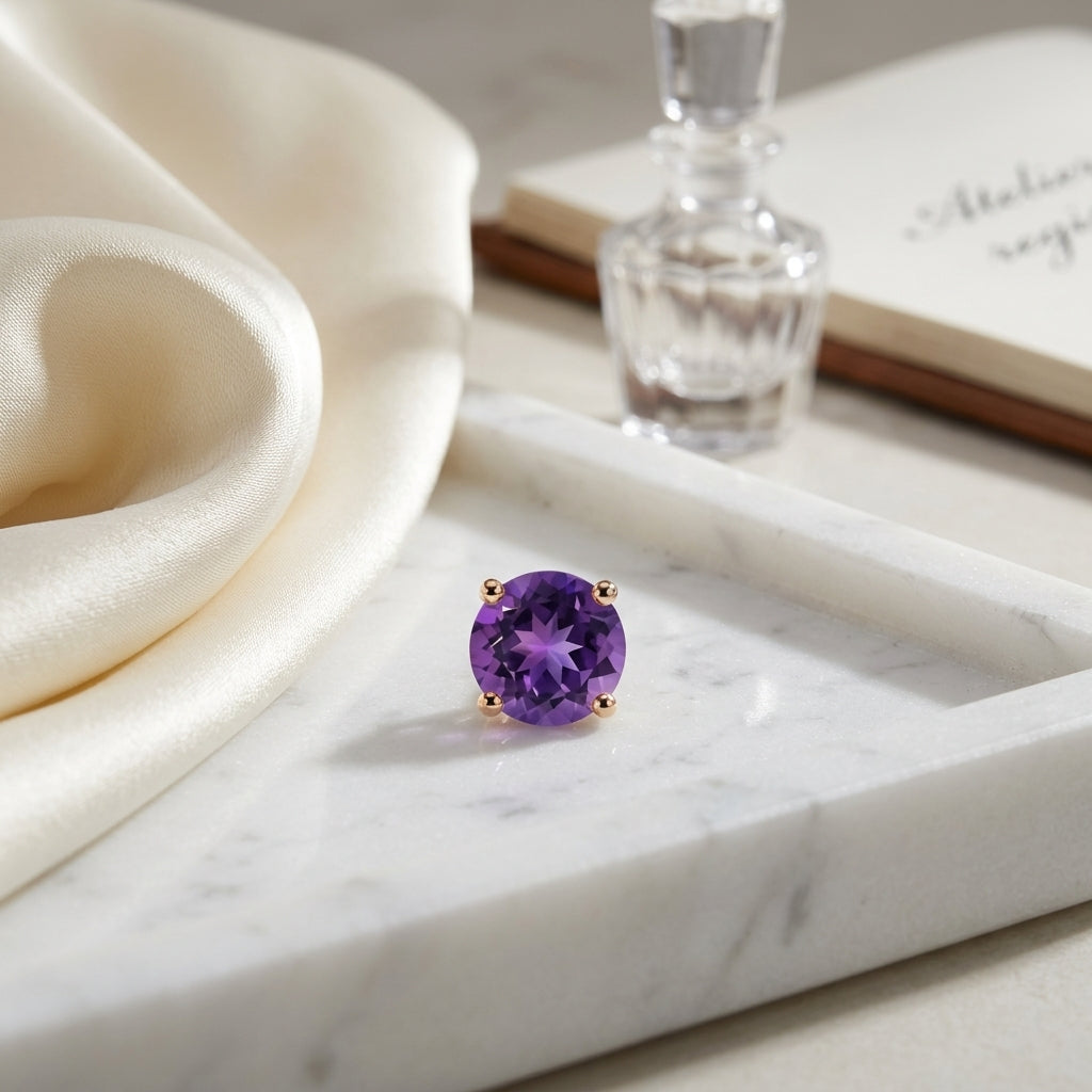 Amethyst Round 4-Prong Stud Earrings with Screwbacks 6mm in 14K Rose Gold - editorial hero