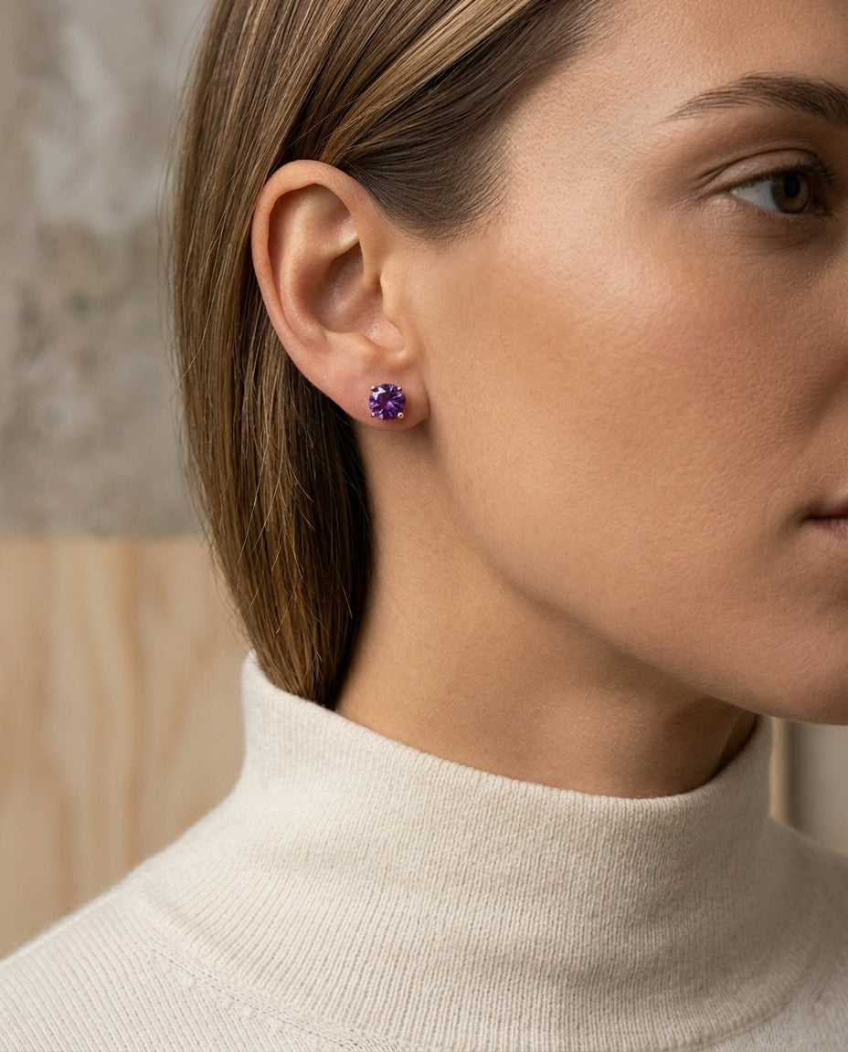 Amethyst Round 4-Prong Stud Earrings with Screwbacks 6mm in 14K Rose Gold - lifestyle