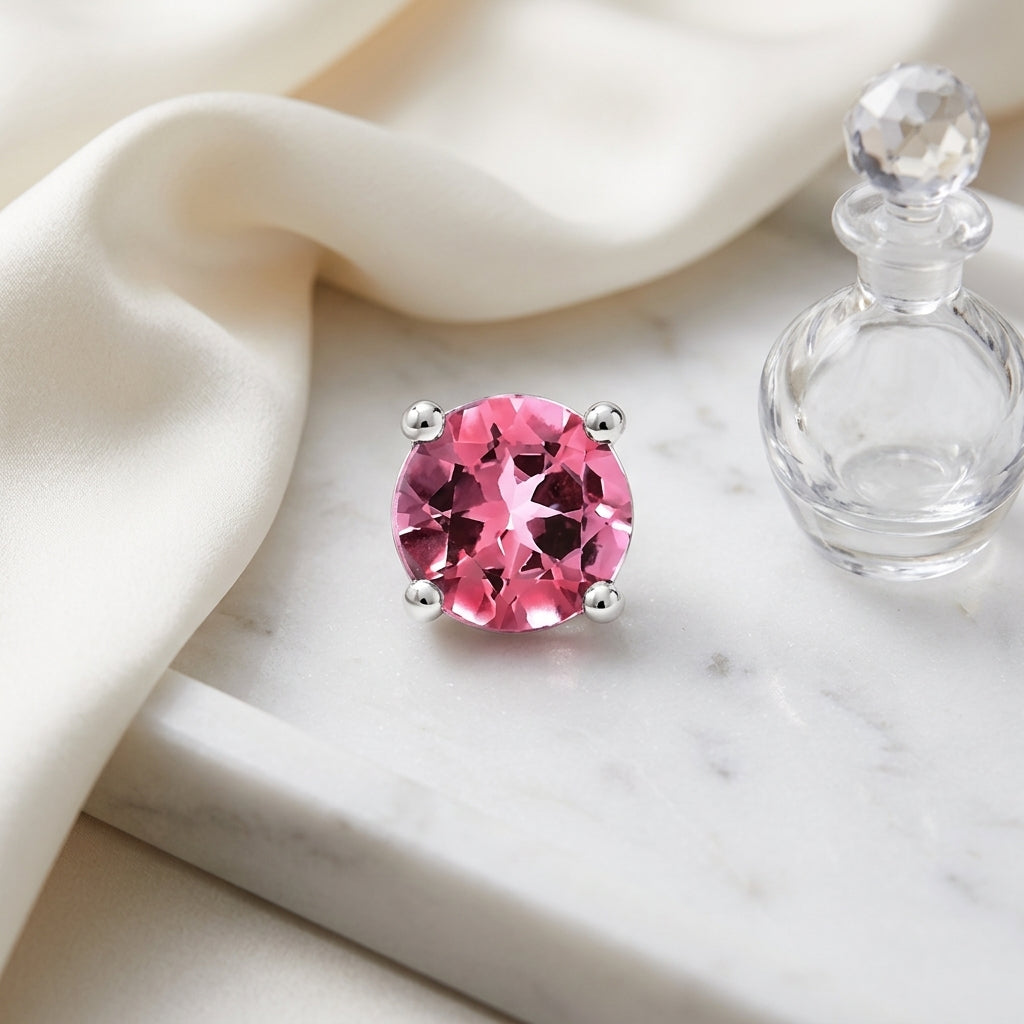 Pink Tourmaline Round 4-Prong Stud Earrings with Screwbacks 6mm in 14K Rose Gold - editorial hero