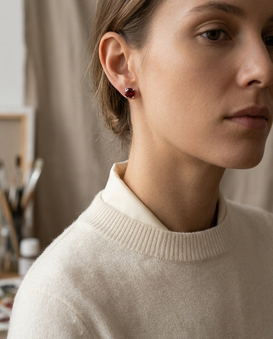 Rhodolite Garnet Round 4-Prong Stud Earrings with Screwbacks 6mm in 14K Rose Gold - lifestyle