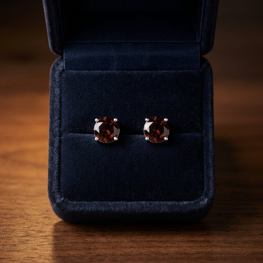 Rhodolite Garnet Round 4-Prong Stud Earrings with Screwbacks 6mm in 14K Rose Gold - presentation
