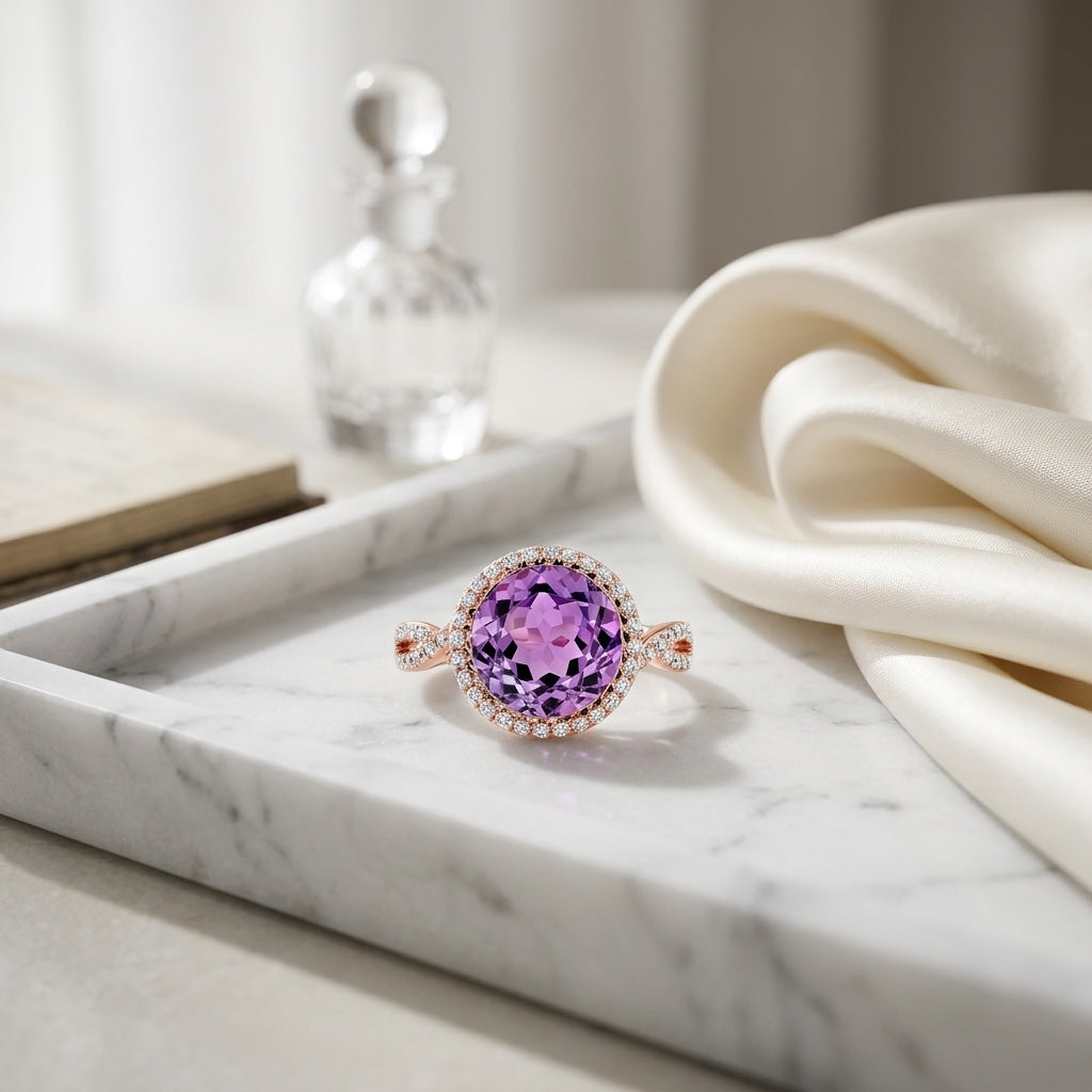Amethyst & Diamond Round Halo Ring With Infinity Shank In 14k Rose Gold (10mm) — atelier still life