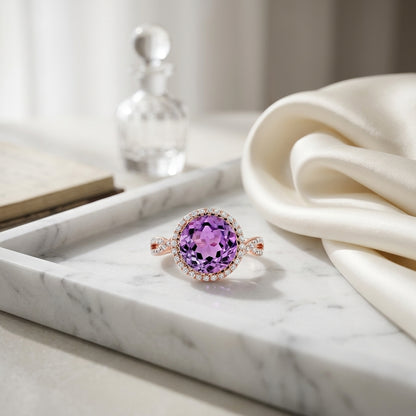 Amethyst & Diamond Round Halo Ring With Infinity Shank In 14k Rose Gold (10mm) — atelier still life