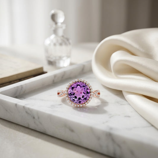 Amethyst & Diamond Round Halo Ring With Infinity Shank In 14k Rose Gold (10mm) — atelier still life