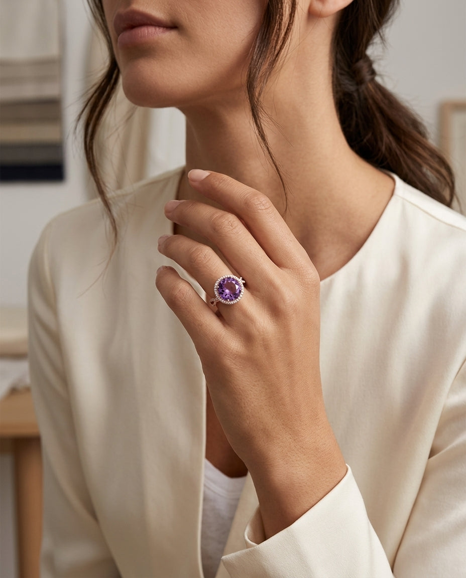 Amethyst & Diamond Round Halo Ring With Infinity Shank In 14k Rose Gold (10mm) — editorial close-up