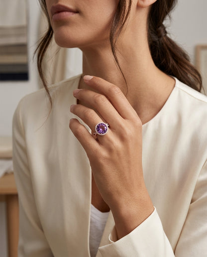 Amethyst & Diamond Round Halo Ring With Infinity Shank In 14k Rose Gold (10mm) — editorial close-up