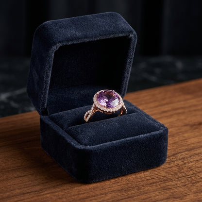 Amethyst & Diamond Round Halo Ring With Infinity Shank In 14k Rose Gold (10mm) — gift presentation