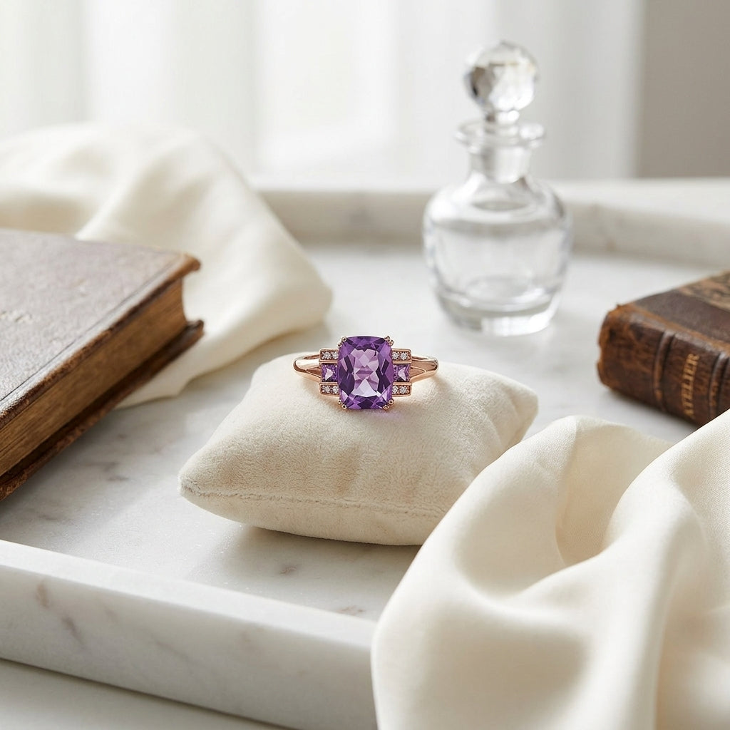 Amethyst And Diamond Step Ring In 14k Rose Gold — atelier still life