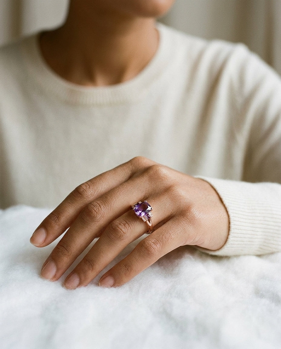 Amethyst And Diamond Step Ring In 14k Rose Gold — editorial close-up