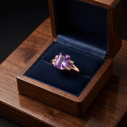 Amethyst And Diamond Step Ring In 14k Rose Gold — gift presentation