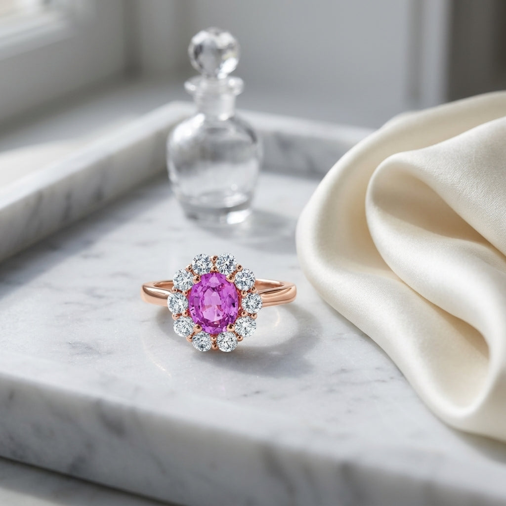 Pink Sapphire Oval And Diamond Ring In 14k Rose Gold — atelier still life