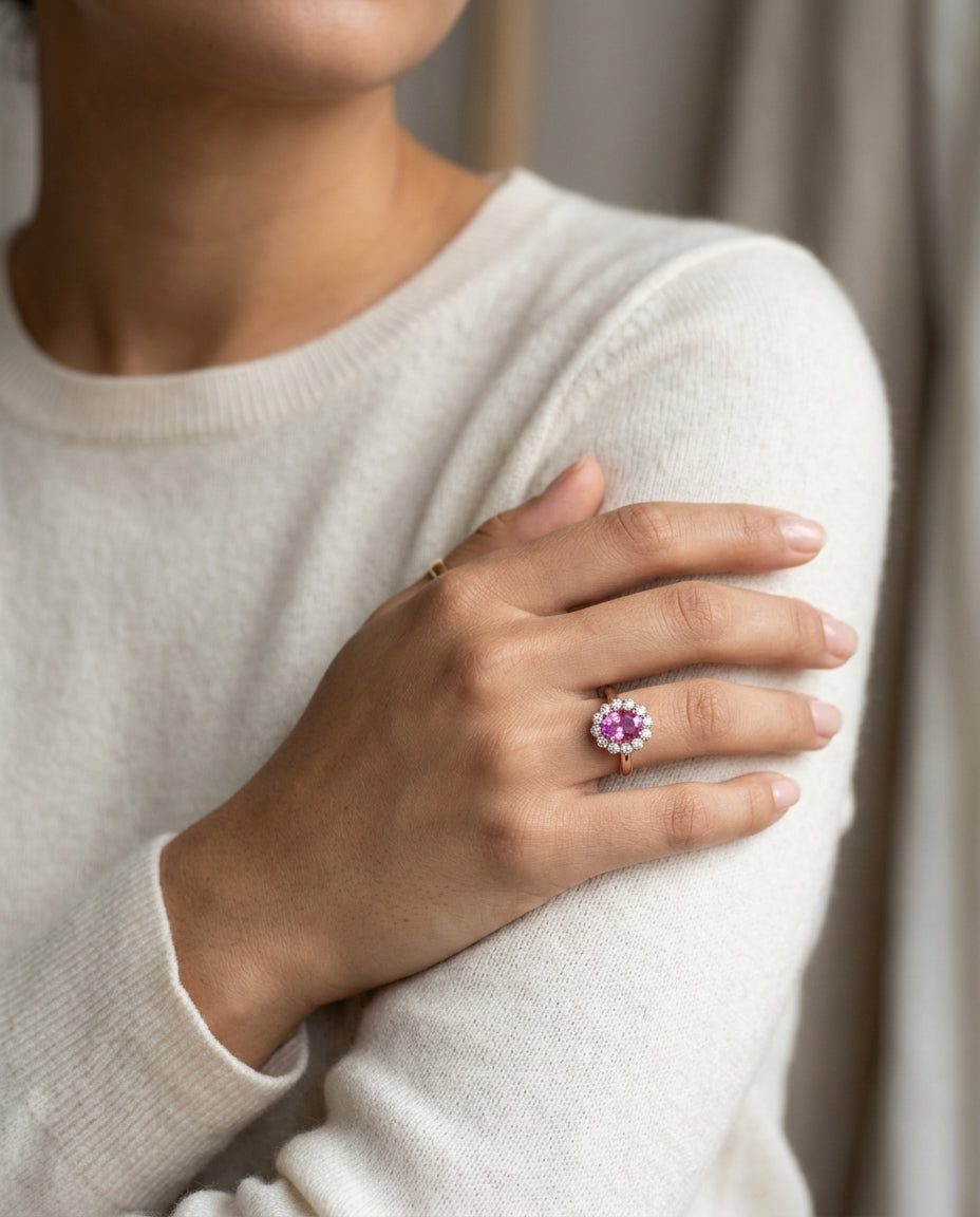 Pink Sapphire Oval And Diamond Ring In 14k Rose Gold — editorial close-up