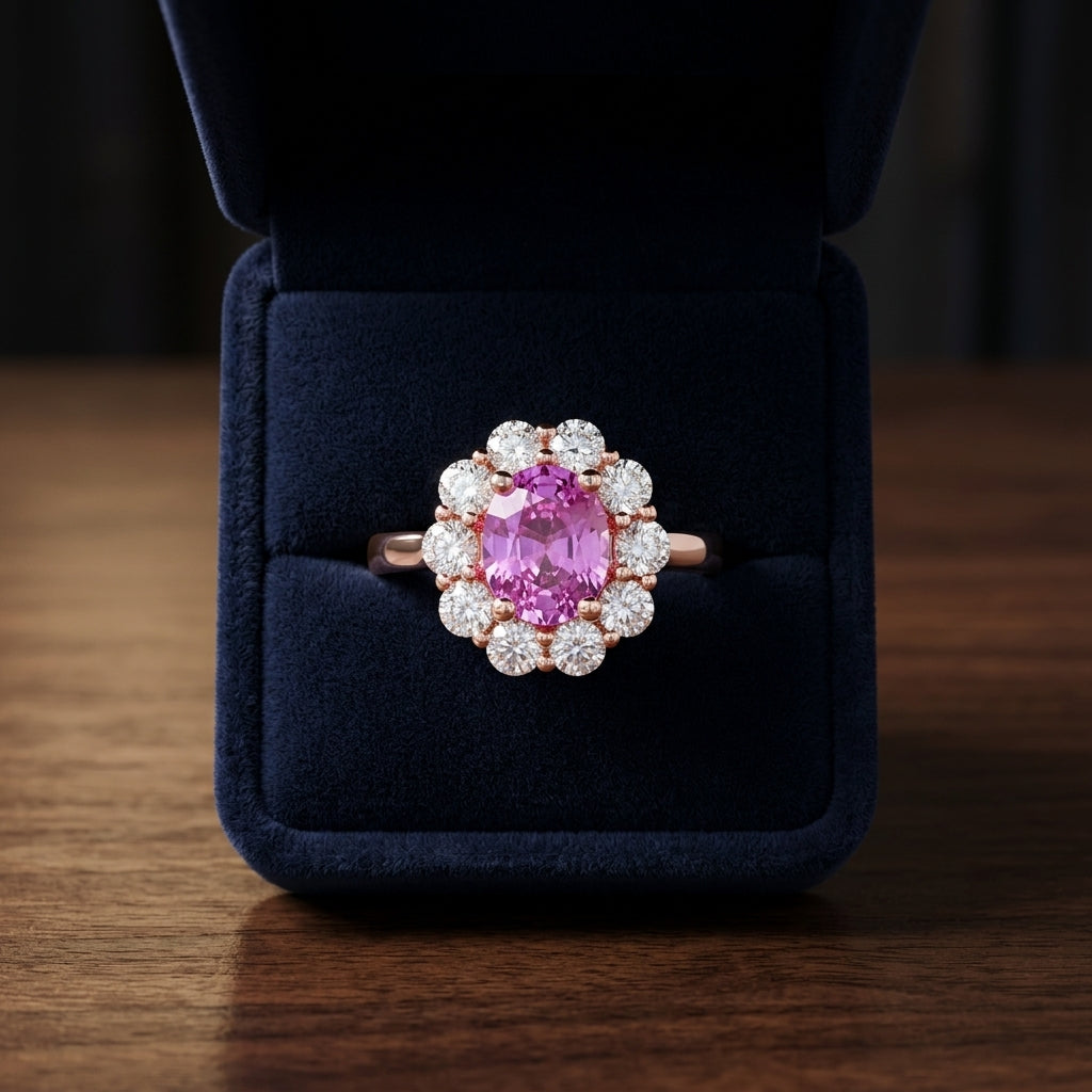 Pink Sapphire Oval And Diamond Ring In 14k Rose Gold — gift presentation