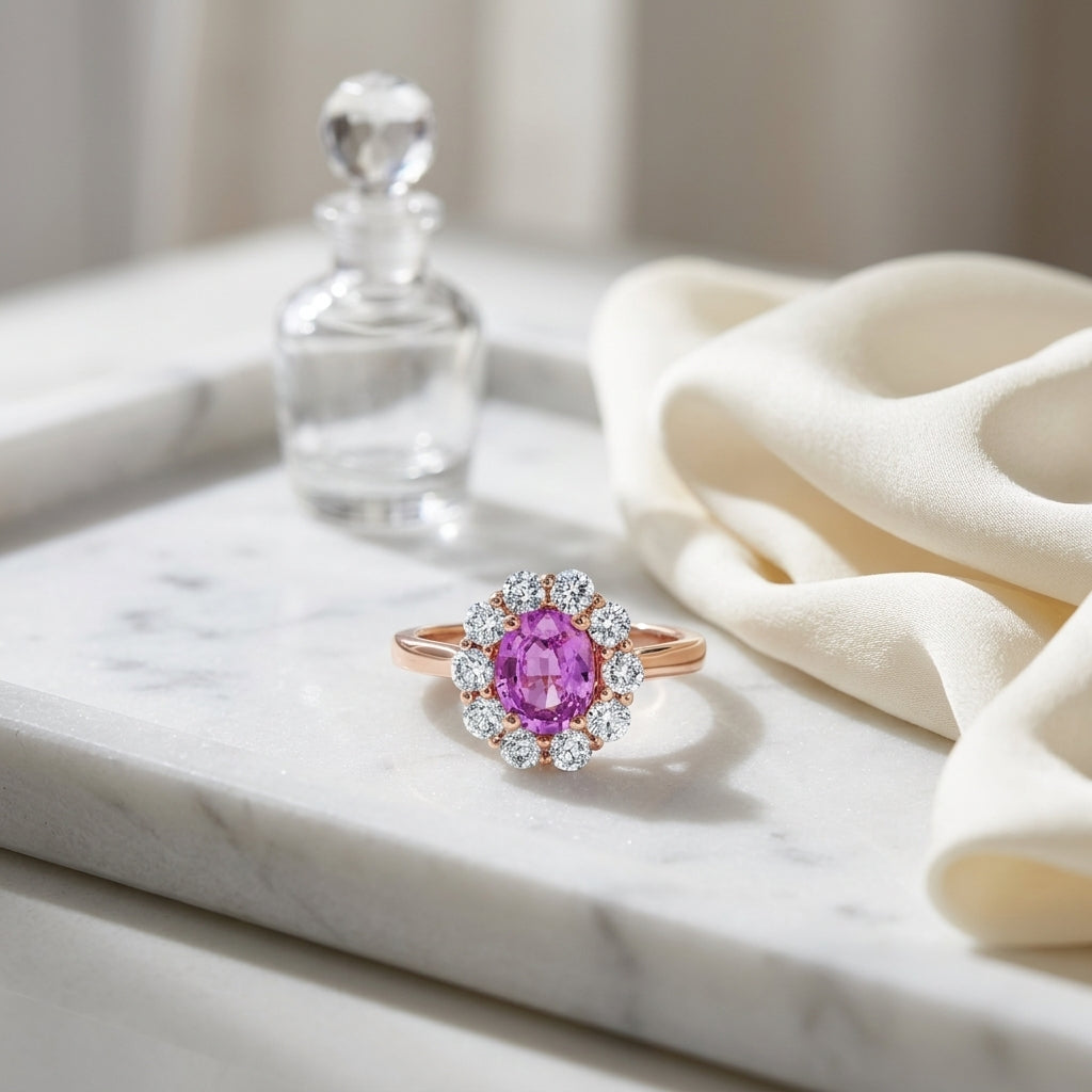 Pink Sapphire Oval And Diamond Ring In 14k Rose Gold — atelier still life