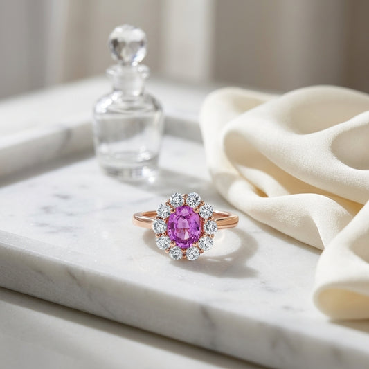 Pink Sapphire Oval And Diamond Ring In 14k Rose Gold — atelier still life