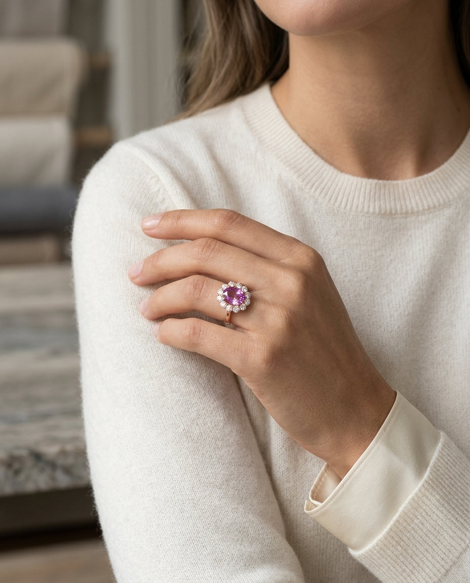 Pink Sapphire Oval And Diamond Ring In 14k Rose Gold — editorial close-up