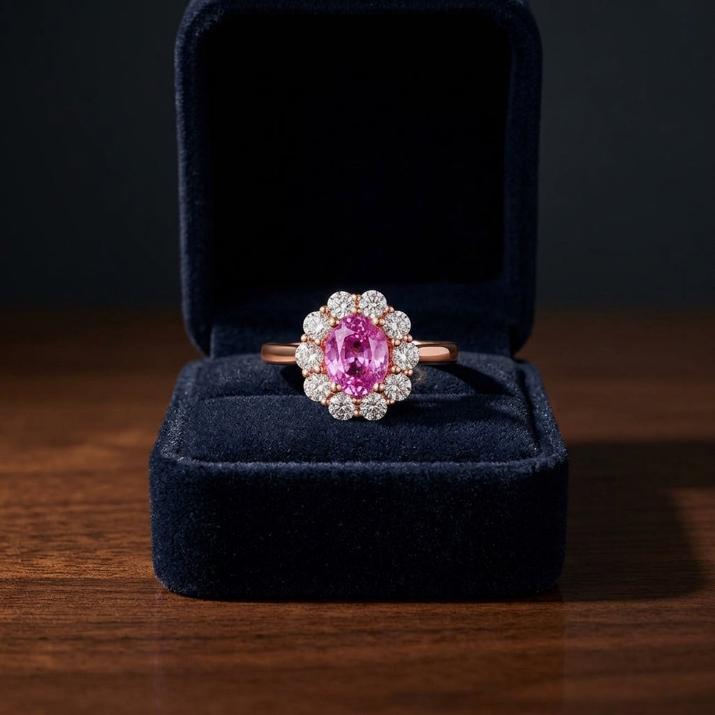 Pink Sapphire Oval And Diamond Ring In 14k Rose Gold — gift presentation