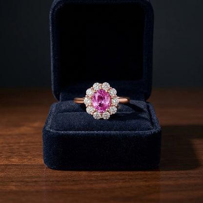Pink Sapphire Oval And Diamond Ring In 14k Rose Gold — gift presentation