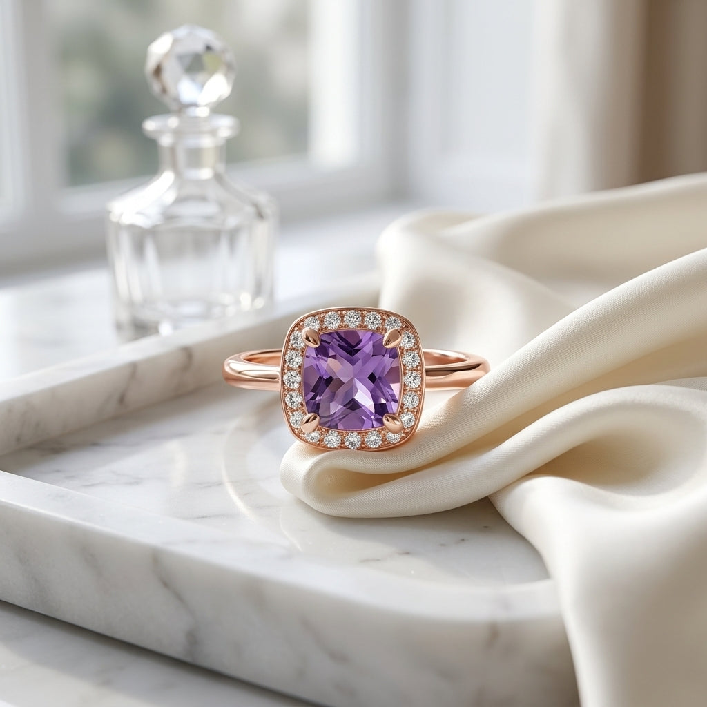 Pink Amethyst And Diamond Halo Ring In 14k Rose Gold (7mm) Vs — atelier still life