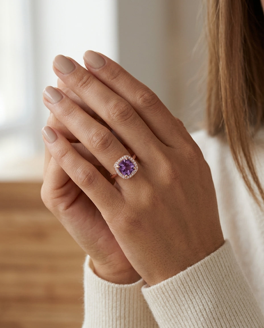 Pink Amethyst And Diamond Halo Ring In 14k Rose Gold (7mm) Vs — editorial close-up