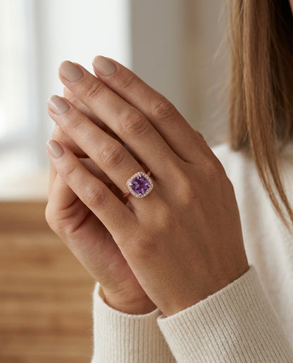 Pink Amethyst And Diamond Halo Ring In 14k Rose Gold (7mm) Vs — editorial close-up