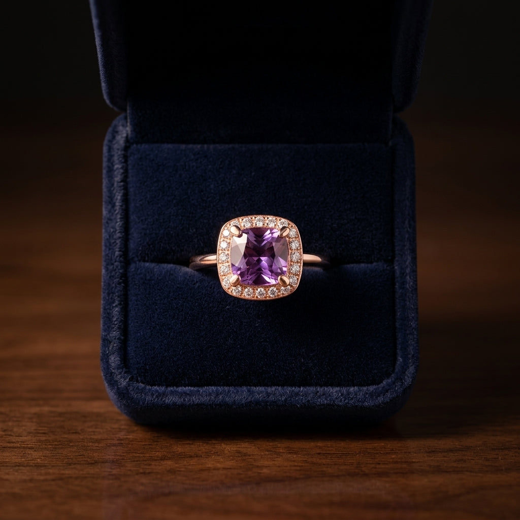 Pink Amethyst And Diamond Halo Ring In 14k Rose Gold (7mm) Vs — gift presentation