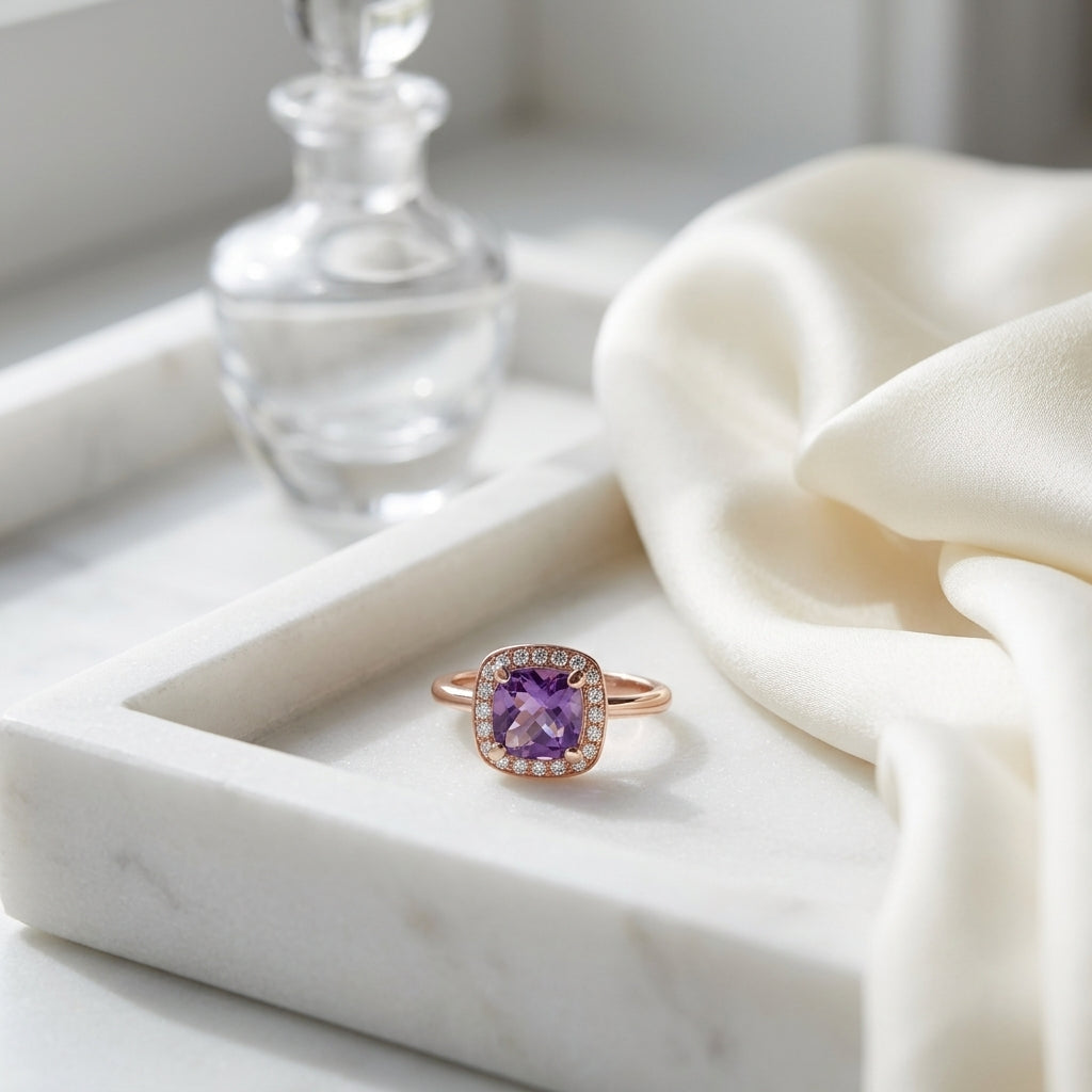 Pink Amethyst And Diamond Halo Ring In 14k Rose Gold (7mm) — atelier still life