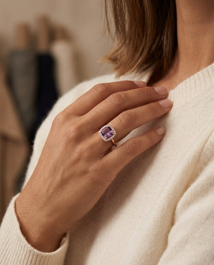 Pink Amethyst And Diamond Halo Ring In 14k Rose Gold (7mm) — editorial close-up