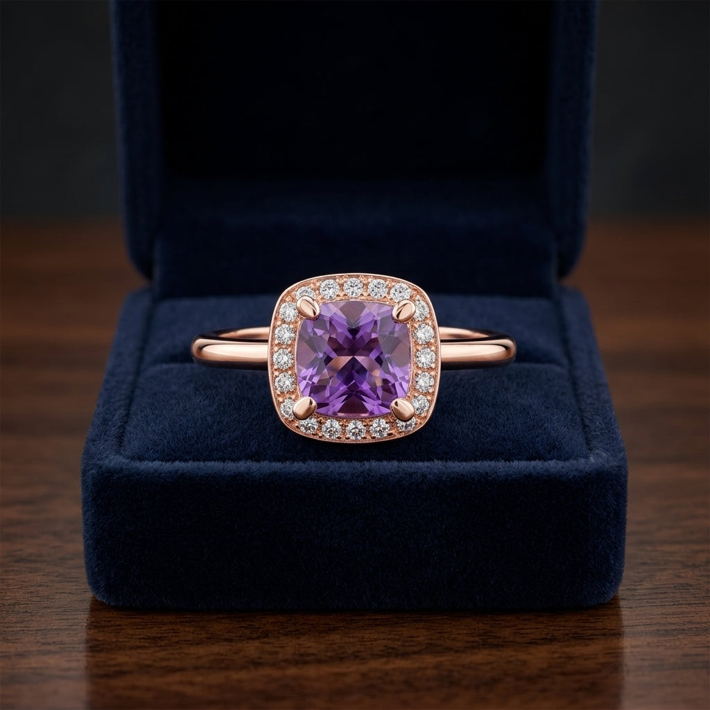Pink Amethyst And Diamond Halo Ring In 14k Rose Gold (7mm) — gift presentation