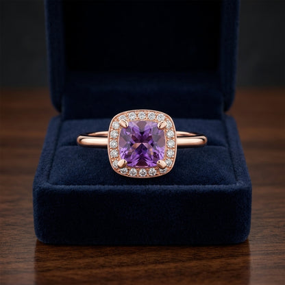 Pink Amethyst And Diamond Halo Ring In 14k Rose Gold (7mm) — gift presentation