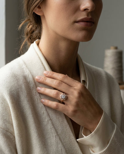 Diamond Art Deco Round Ring In 14k Rose Gold — editorial close-up