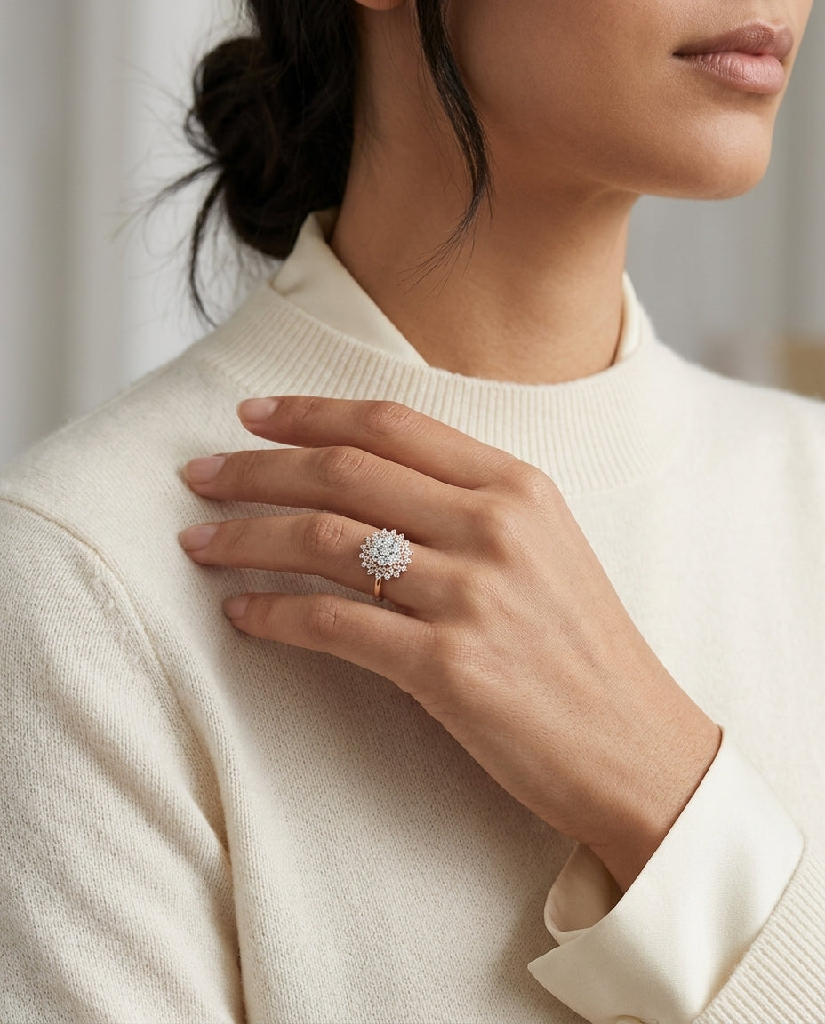 Diamond Cluster Starburst Ring In 14k Rose Gold — editorial close-up