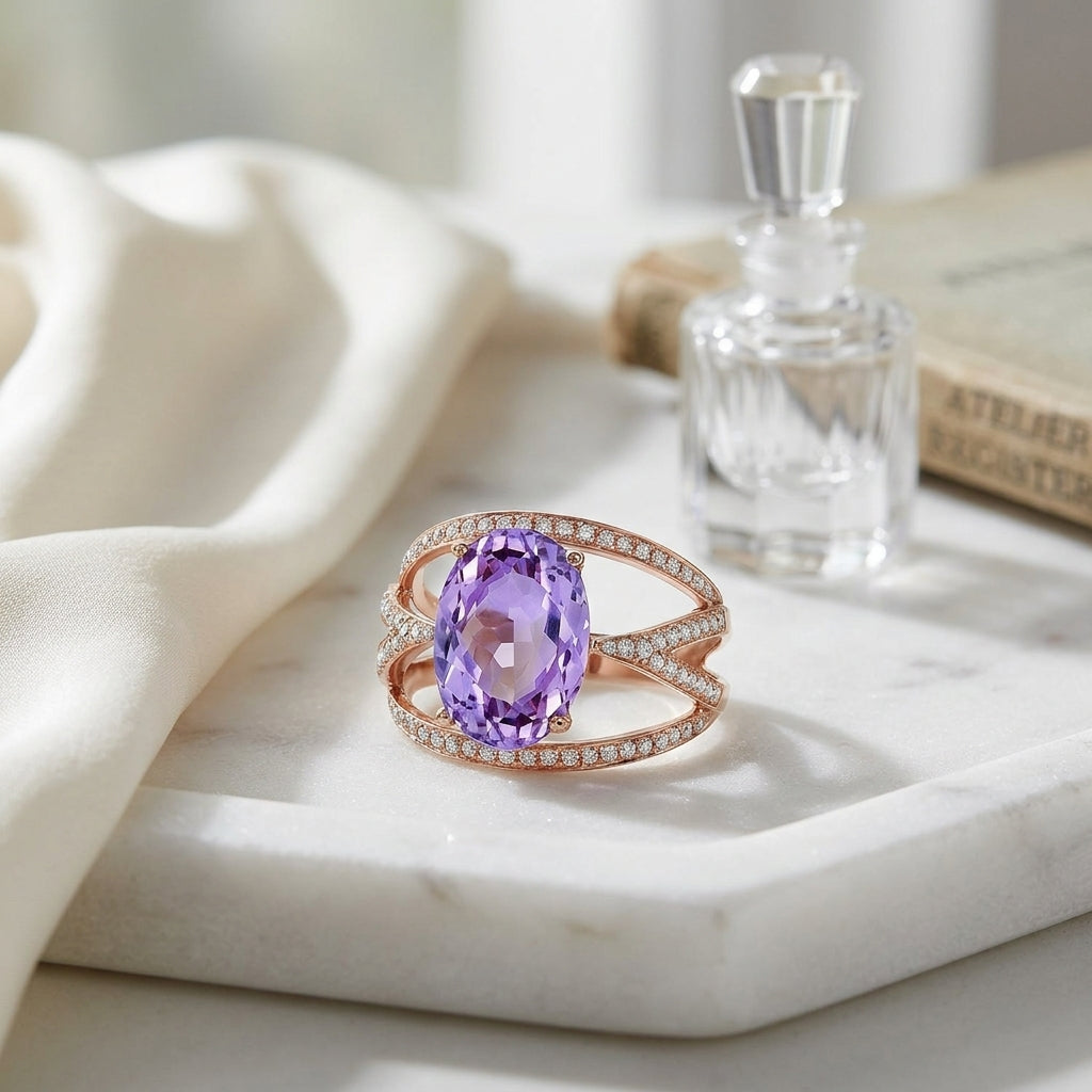 Oval Amethyst And Diamond Ring In 14k Rose Gold (13x9mm) Vs — atelier still life