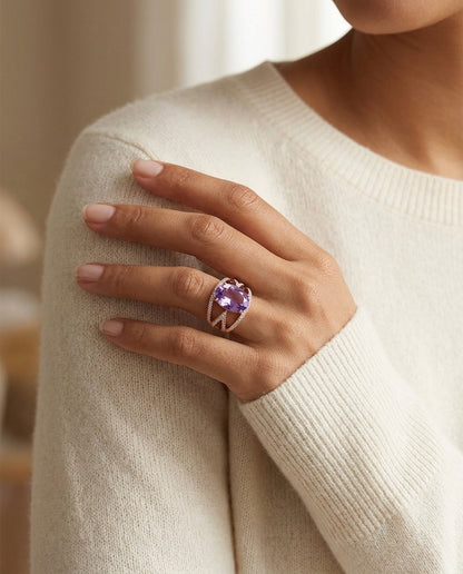 Oval Amethyst And Diamond Ring In 14k Rose Gold (13x9mm) Vs — editorial close-up