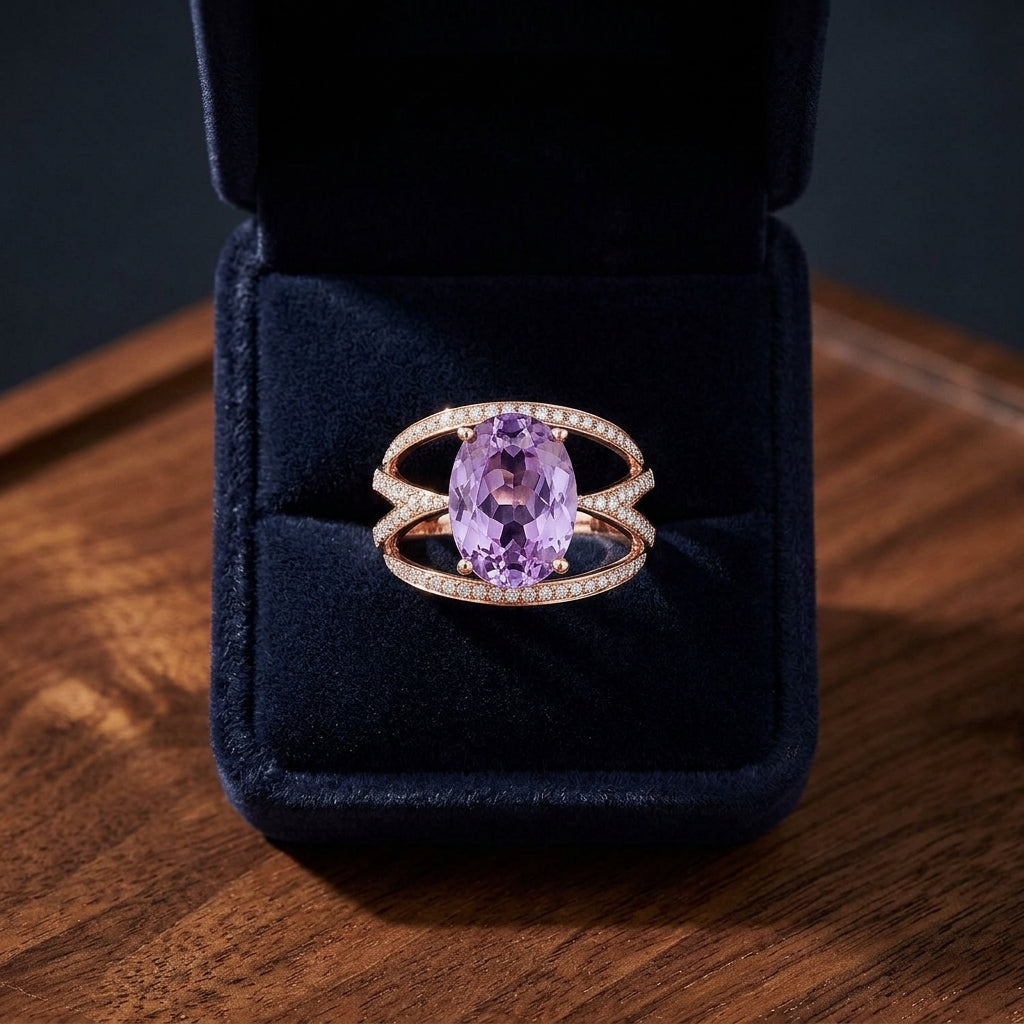 Oval Amethyst And Diamond Ring In 14k Rose Gold (13x9mm) Vs — gift presentation