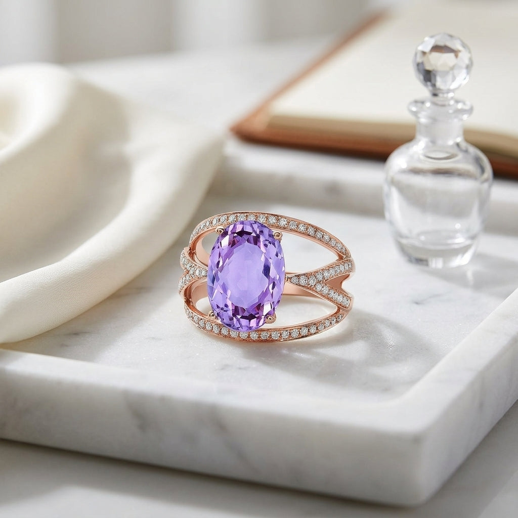 Oval Amethyst And Diamond Ring In 18k Rose Gold (13x9mm) — atelier still life