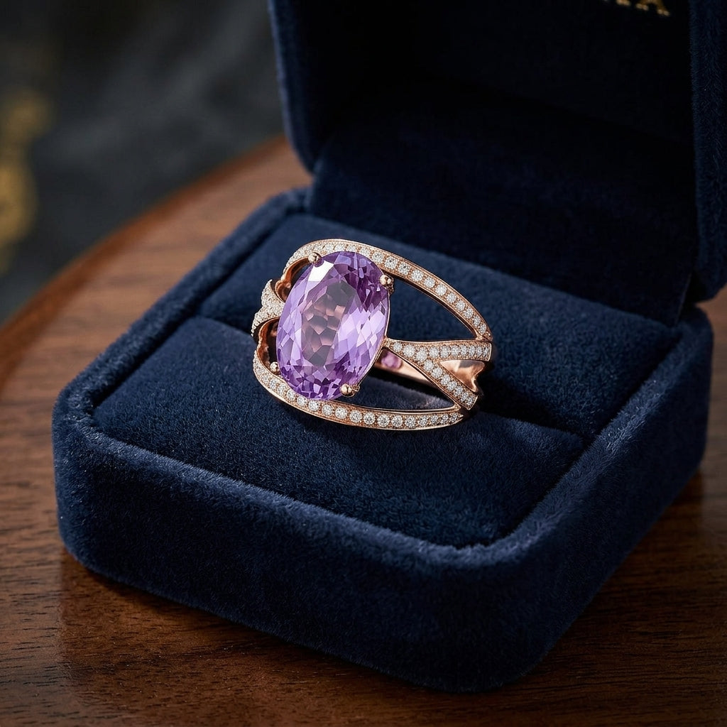Oval Amethyst And Diamond Ring In 18k Rose Gold (13x9mm) — gift presentation