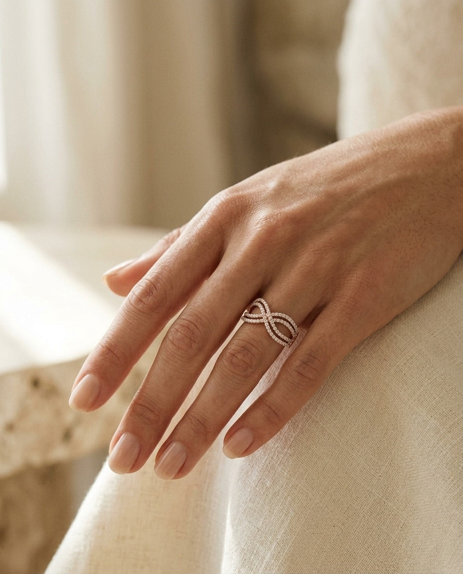 Diamond Infinity Twist Ring In 14k Rose Gold — portrait close