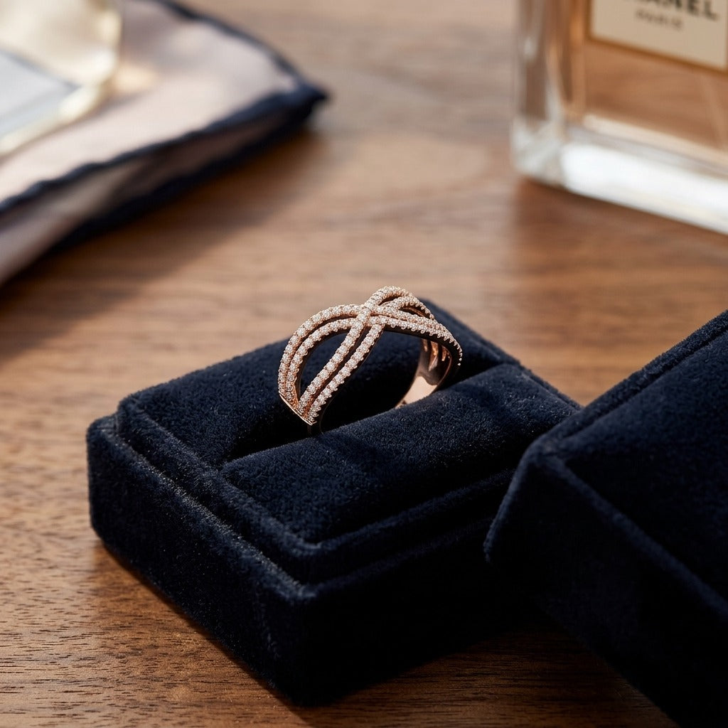 Diamond Infinity Twist Ring In 14k Rose Gold — velvet box