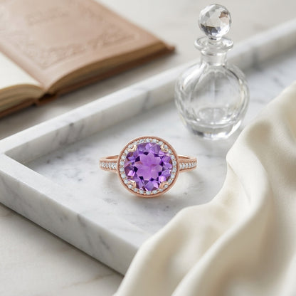 Amethyst And Diamond Round Halo Antique Finish Ring In 14k Rose Gold (10mm) Vs — atelier still life