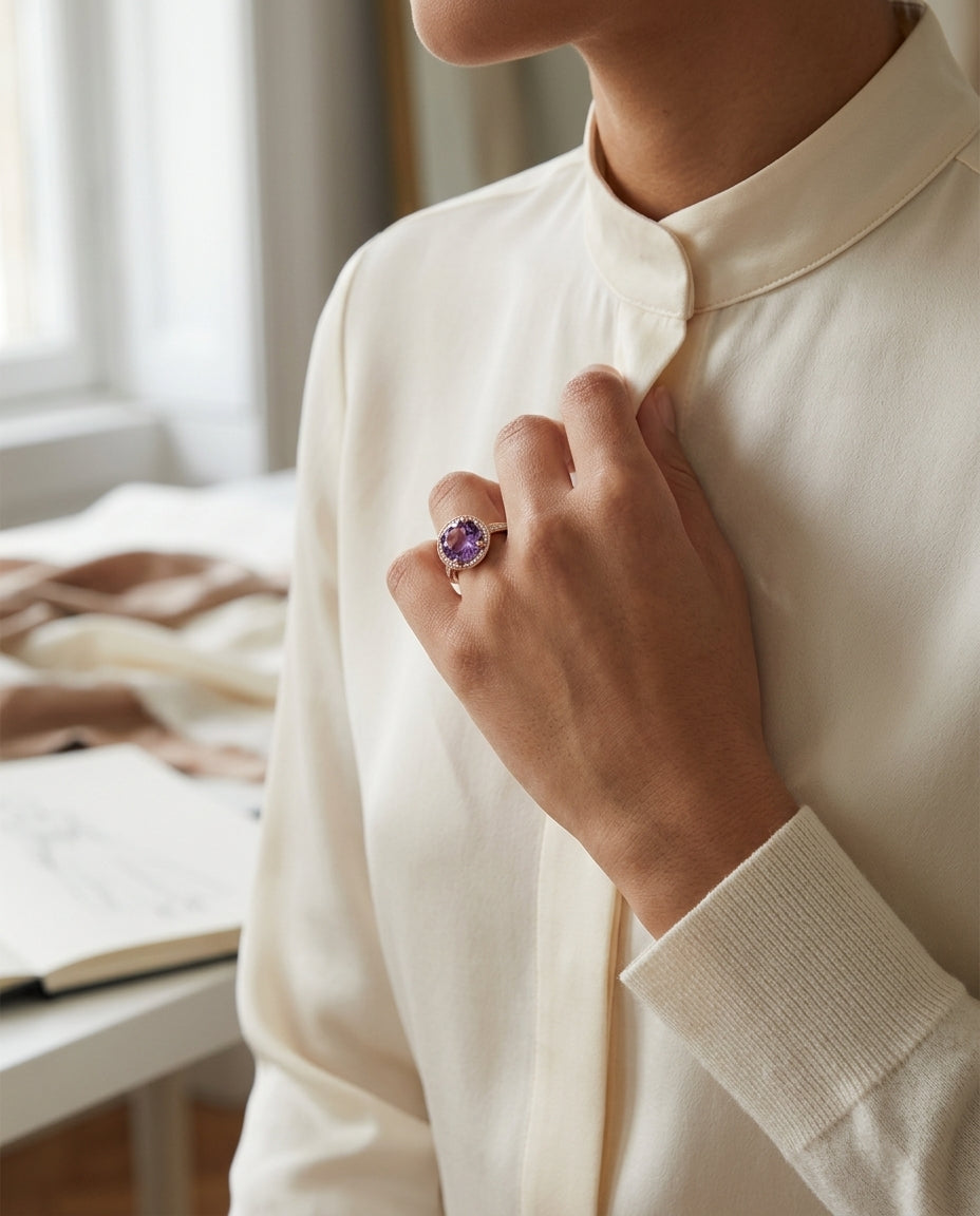 Amethyst And Diamond Round Halo Antique Finish Ring In 14k Rose Gold (10mm) Vs — editorial close-up