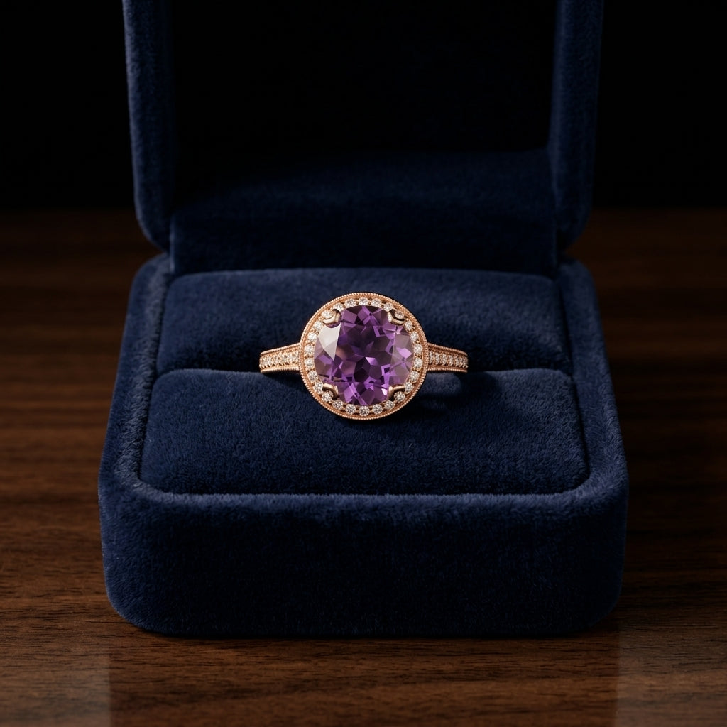 Amethyst And Diamond Round Halo Antique Finish Ring In 14k Rose Gold (10mm) Vs — gift presentation